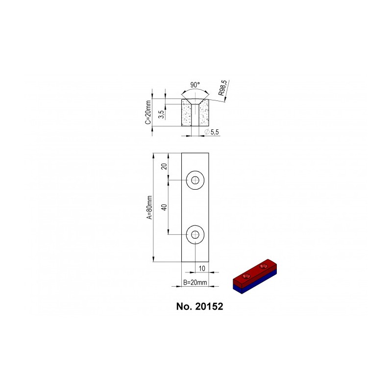 Magnet neodim bloc 80x20x20xR98,5 N 80 °C, VMM10-N50