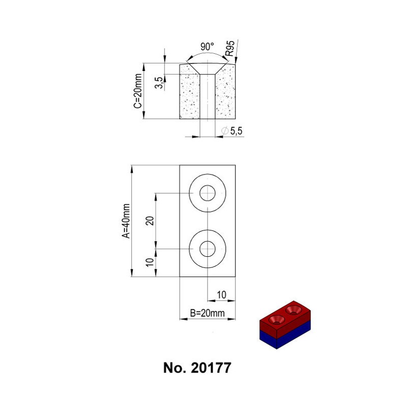 Magnet neodim bloc 40x20x20xR98,5 N 80 °C, VMM10-N50