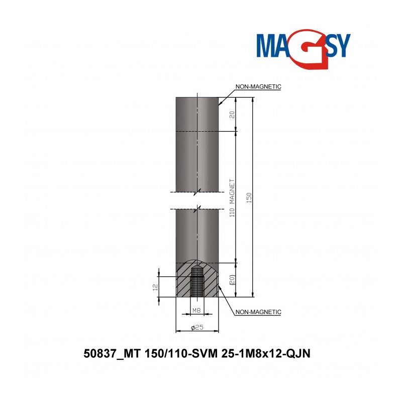 Bară magnetică - NdFeB diam.25 x 150 mm, 14.500 Gs, 95 N, 80 °C