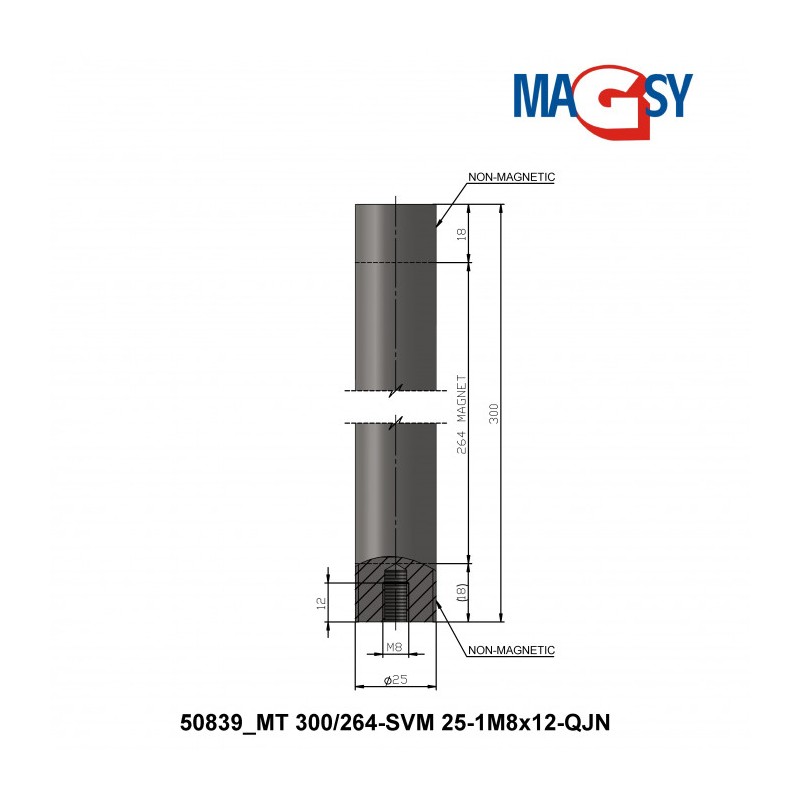 Bară magnetică - NdFeB diam.25 x 300 mm, 14.500 Gs, 95 N, 80 °C