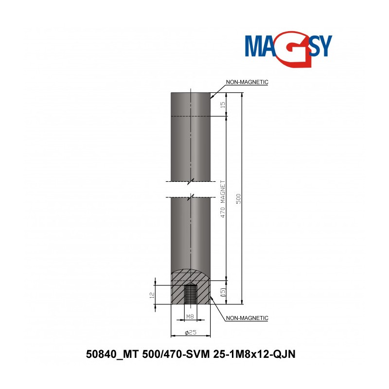 Bară magnetică - NdFeB diam.25 x 500 mm, 14.500 Gs, 95 N, 80 °C