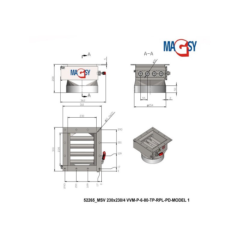 Separator magnetic cu grile MSV 230x230/4 VVM-P-6-80-TP-RPL-PD-MODEL 1