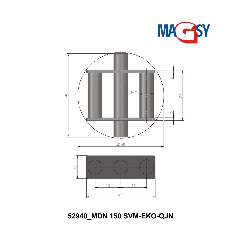 Magnet de buncăr (80 °C, 13.500 Gs, 95 N) diametru 150 mm