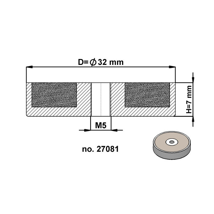 Magnet oală diam. 32 x înălțime 7 mm cu filet interior M5-6H