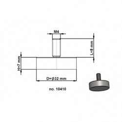 Magnet oală cu coadă, diam. 32 x înălțime 7 mm cu filet exterior M4, înălțime filet 8 mm