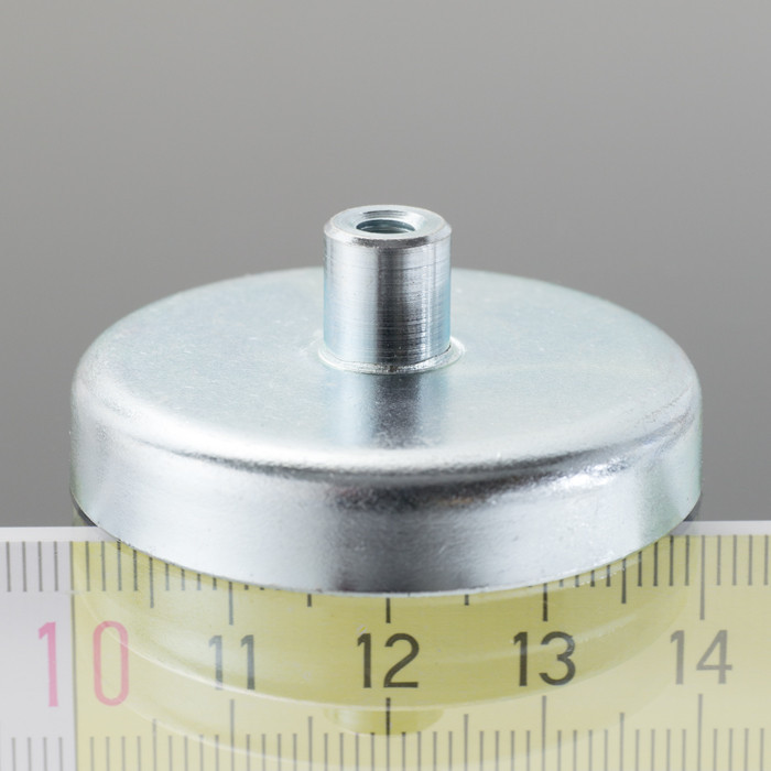 Magnet oală cu coadă, diam. 40 x înălțime 8 mm cu filet interior M4, înălțime filet 8 mm