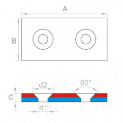 Magnet neodim bloc cu orificiu pentru şurub cu cap înecat 40 x 20 x 4 N 80 °C, VMM4-N35