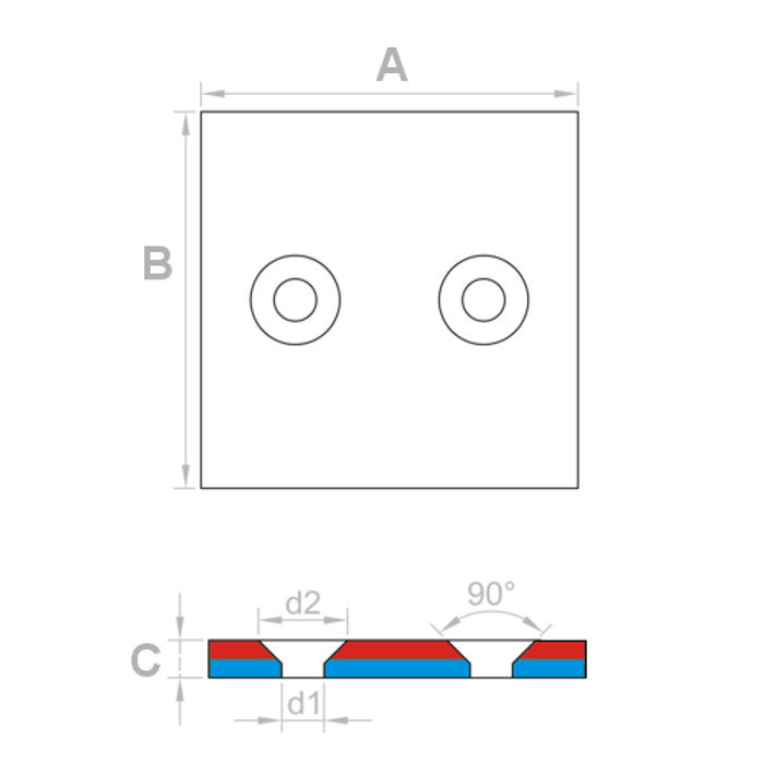 Magnet neodim bloc cu orificiu pentru şurub cu cap înecat 40 x 40 x 4 N 80 °C, VMM4-N35