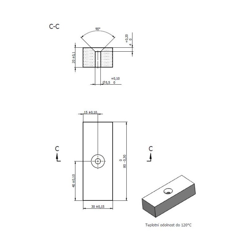 Magnet neodimic cu orificiu pentru șurub 80x30x20 mm, P VMM9H, 120°C