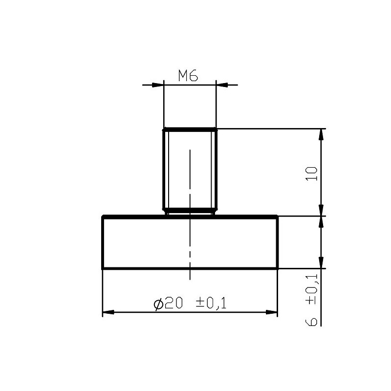 Magnet oală cu coadă, diam. 20 x înălțime 6 mm cu filet exterior M6, înălțime filet 10 mm