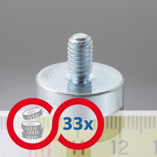 Magnet oală cu coadă, diam. 20 x înălțime 6 mm cu filet exterior M6, înălțime filet 10 mm - set 33 buc