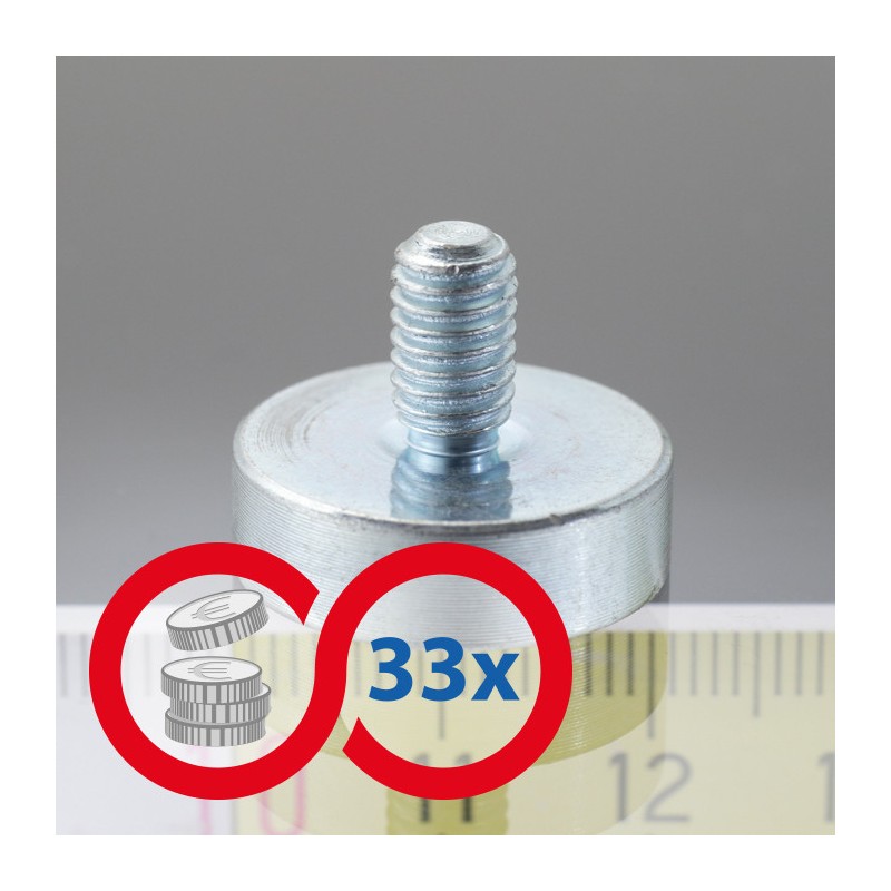 Magnet oală cu coadă, diam. 20 x înălțime 6 mm cu filet exterior M6, înălțime filet 10 mm - set 33 buc