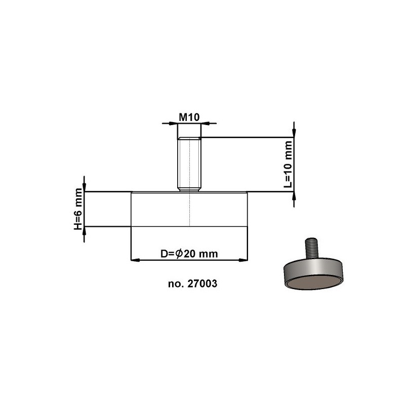 Magnet oală cu coadă, diam. 20 x înălțime 6 mm cu filet exterior M6, înălțime filet 10 mm - set 33 buc