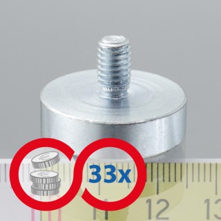 Magnet oală cu coadă, diam. 25 x înălțime 7 mm cu filet exterior M6, înălțime filet 10 mm - set 33 buc