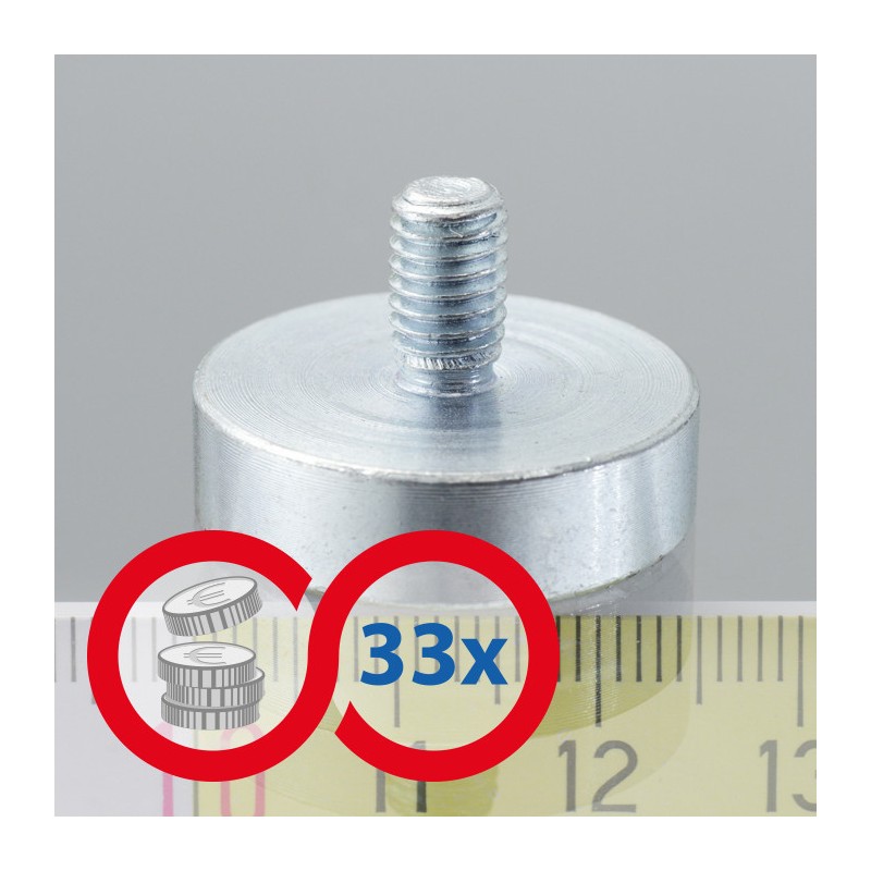 Magnet oală cu coadă, diam. 25 x înălțime 7 mm cu filet exterior M6, înălțime filet 10 mm - set 33 buc