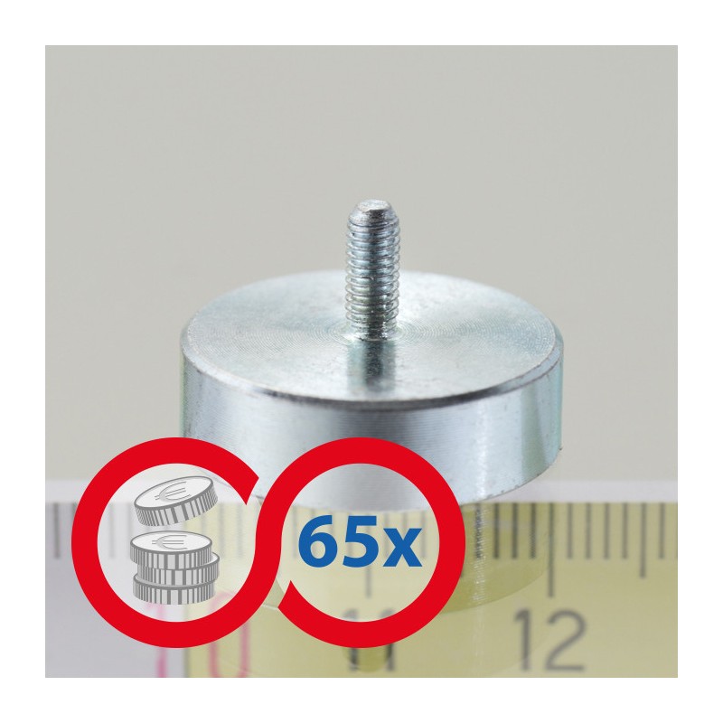 Magnet oală cu coadă, diam. 20 x înălțime 6 mm cu filet exterior M3, înălțime filet 7 mm - set 65 buc