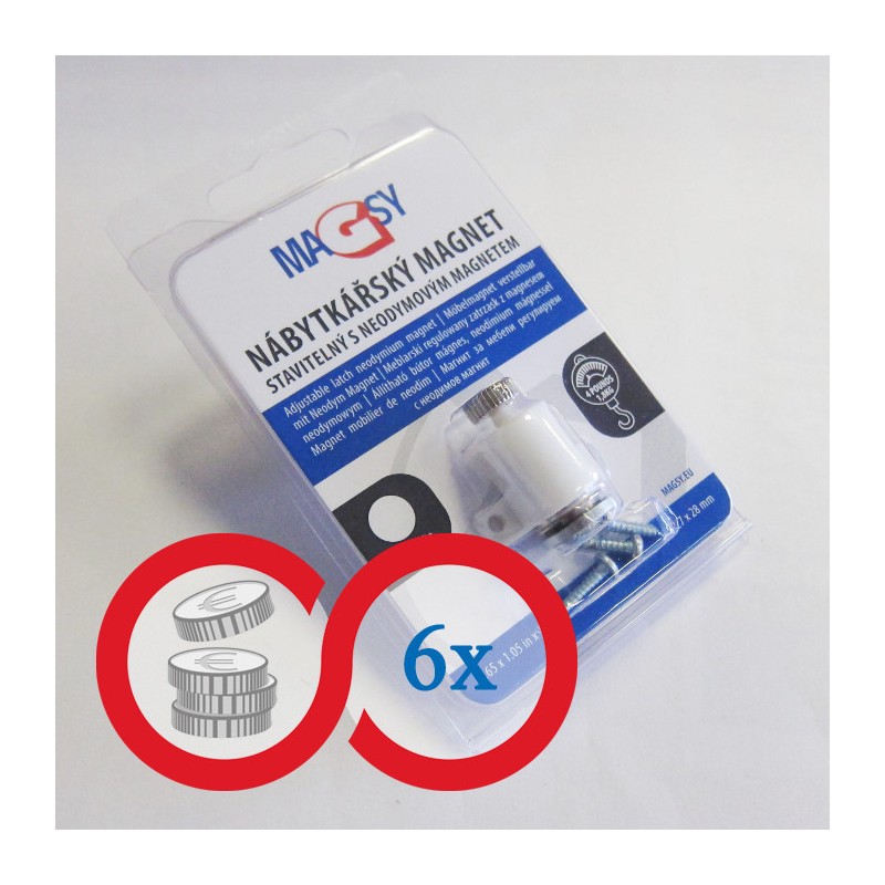 Magnet neodim mobilier reglabil – alb – ambalare comercială - set 6 buc