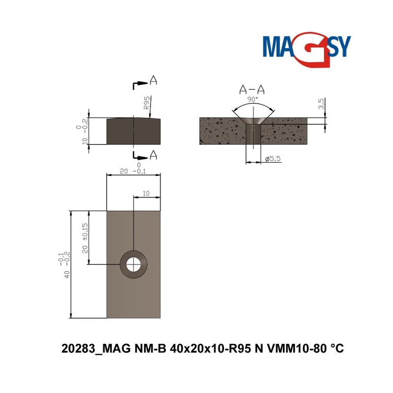 Magnet neodim bloc 40x20x10xR95 N 80 °C, VMM10-N50