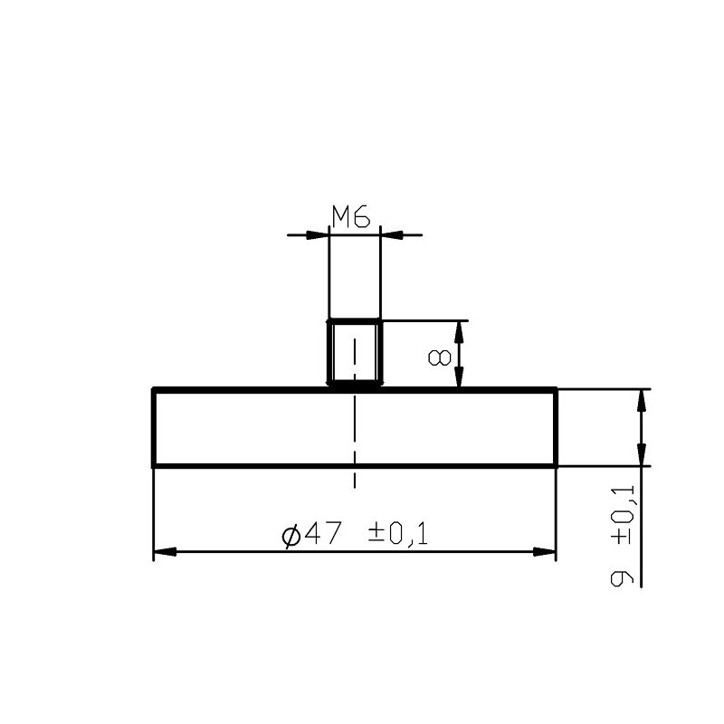 Magnet oală cu coadă, diam. 47 x înălțime 9 mm cu filet exterior M6, înălțime filet 8 mm