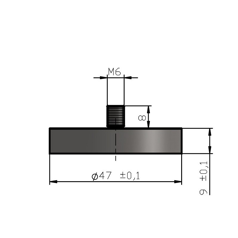 Magnet oală cu coadă, diam. 47 x înălțime 9 mm cu filet exterior M6, înălțime filet 8 mm