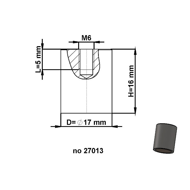Magnet oală cilindru diam. 17 x înălțime 16 mm cu filet interior M6. lungime filet 5 mm