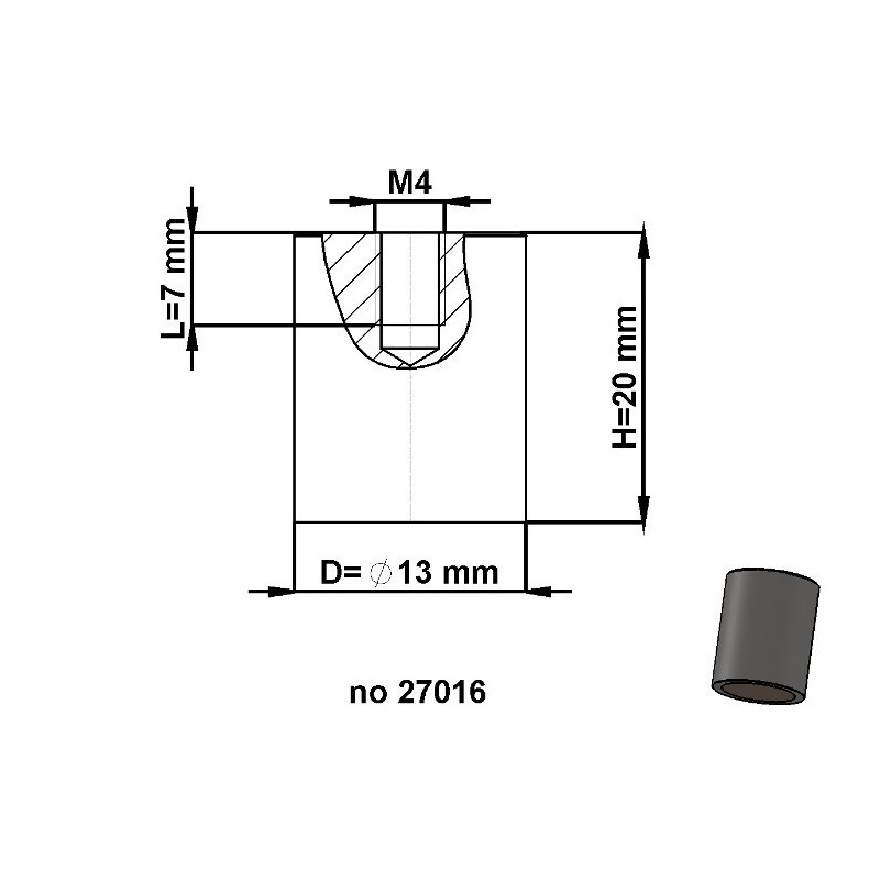 Magnet oală cilindru diam. 13 x înălțime 20 mm cu filet interior M4. lungime filet 7 mm