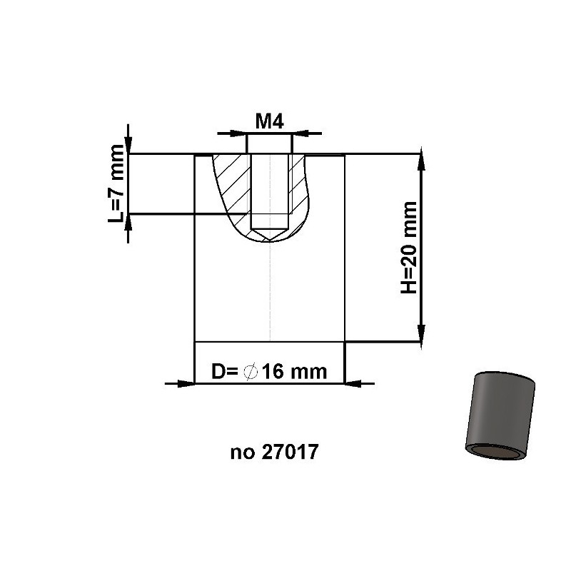 Magnet oală cilindru diam. 16 x înălțime 20 mm cu filet interior M4. lungime filet 7 mm