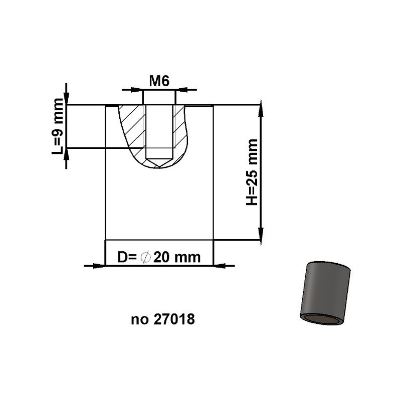 Magnet oală cilindru diam. 20 x înălțime 25 mm cu filet interior M6. lungime filet 9 mm