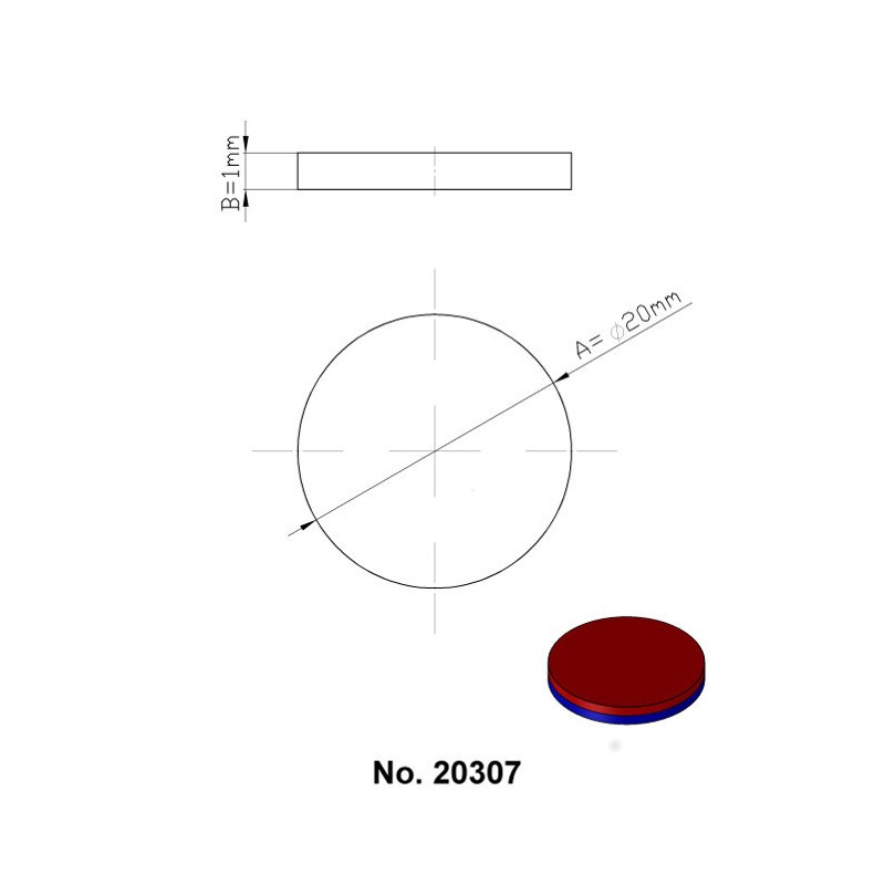 Magnet neodim cu autocolantă 3M, diam.20x1 mm, grosime autocolantă 0,06 mm
