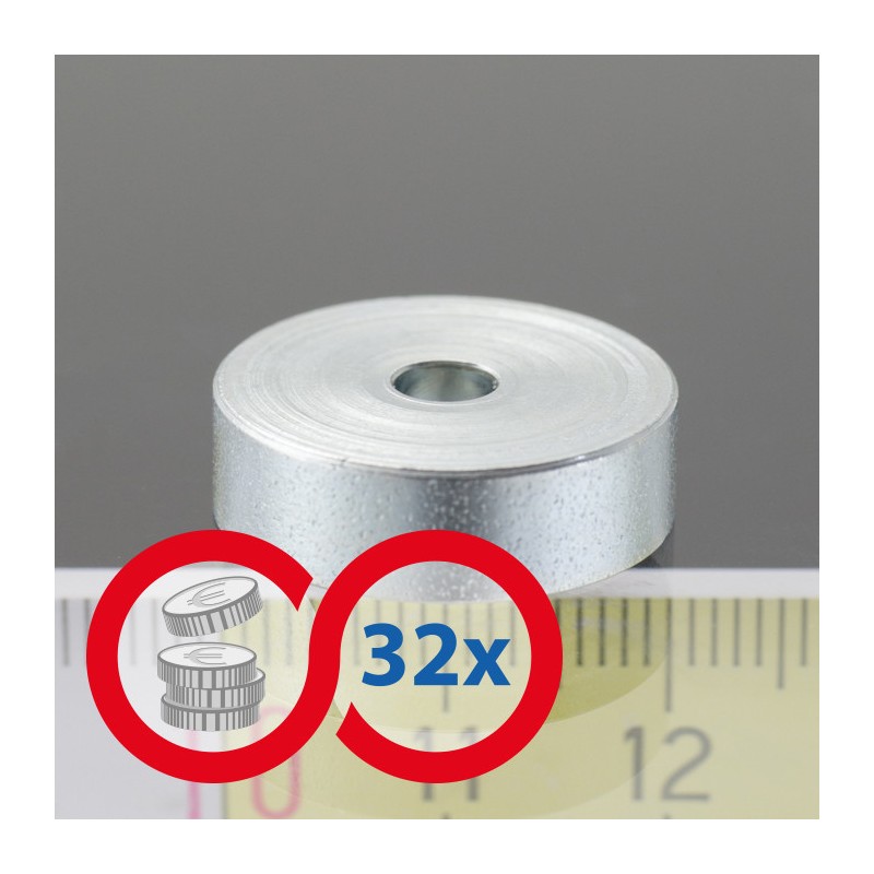 Magnet oală diam. 20, înălțime 6 mm, cu gaură pentru șurub cu cap înecat diam. 4,5 - set 32 buc