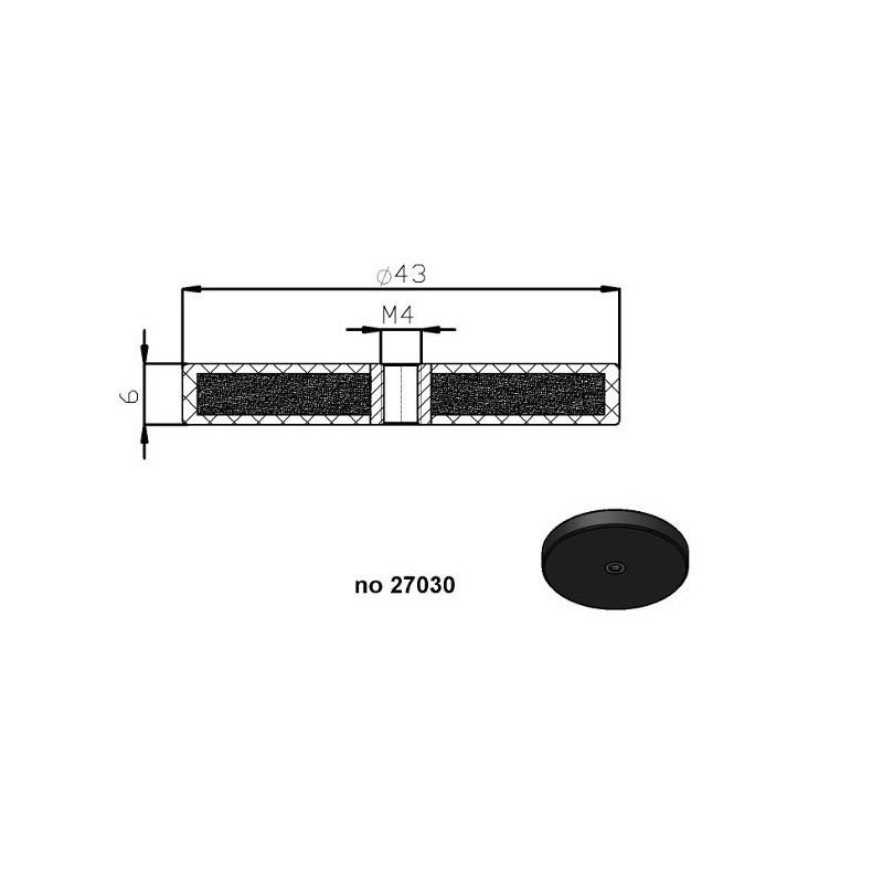 Magnet oală cauciucat diam. 43x6-M4-6H