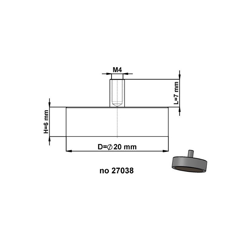 Magnet oală cu coadă, diam. 20 x înălțime 6 mm cu filet interior M4, înălțime filet 7 mm, magnet SmCo