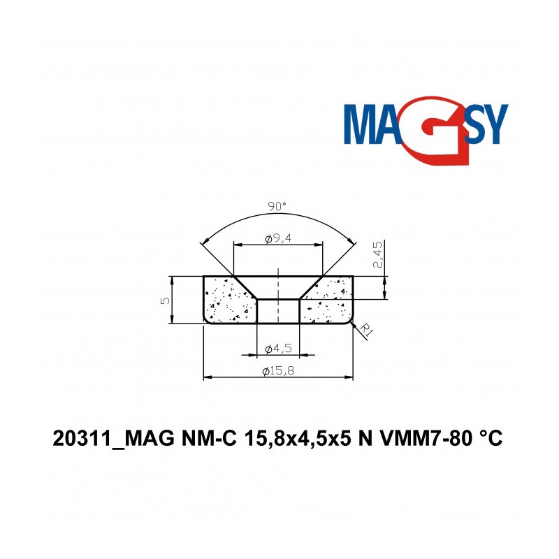Magnet neodim cilindru cu gaură pentru șurub cu cap înecat diam. 15,8 x 5 N 80 °C, VMM7