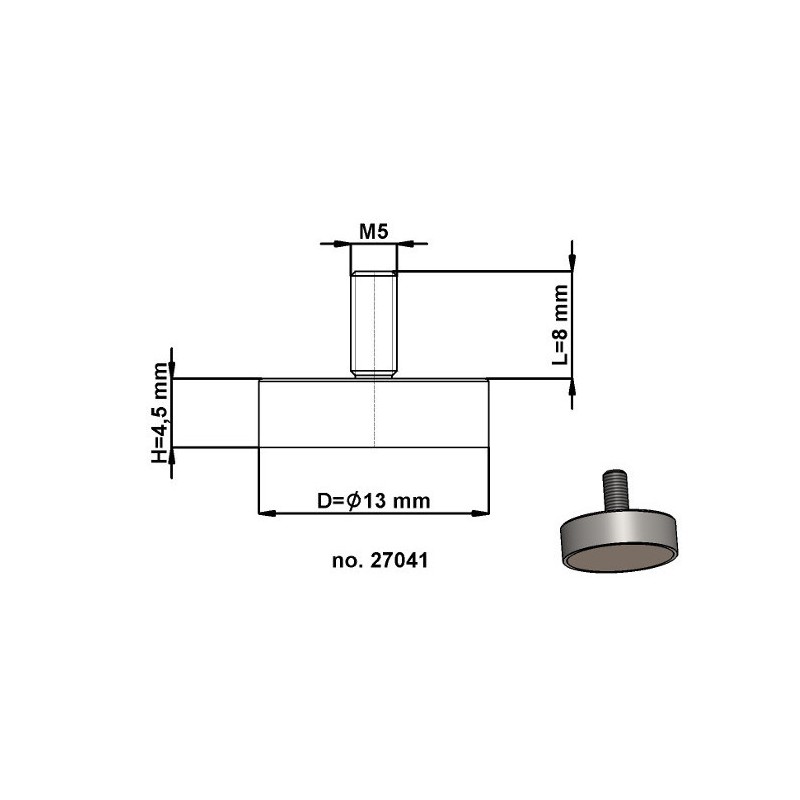 Magnet oală cu coadă, diam. 13 x înălțime 4,5 mm cu filet exterior M5. lungime filet 8 mm.