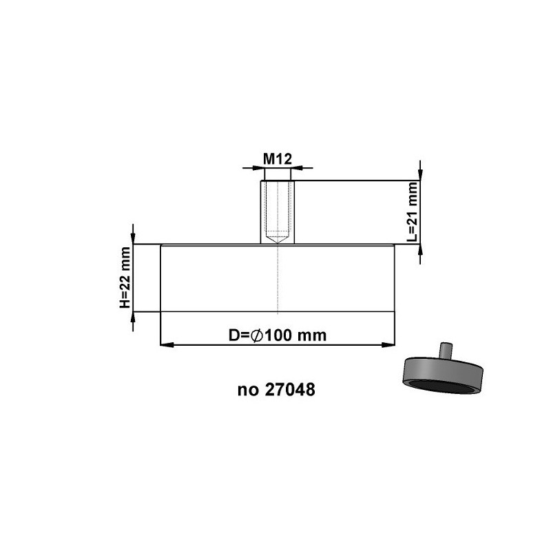 Magnet oală cu coadă, diam. 100 x înălțime 22 mm cu filet interior M12, înălțime filet 21 mm