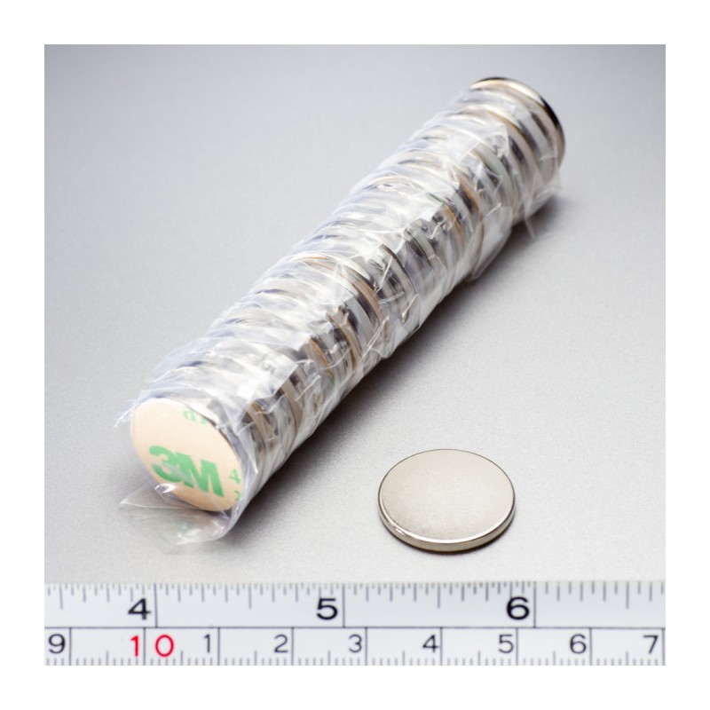 Magnet neodim cu autocolantă 3M, diam.20x2 mm, grosime autocolantă 0,06 mm