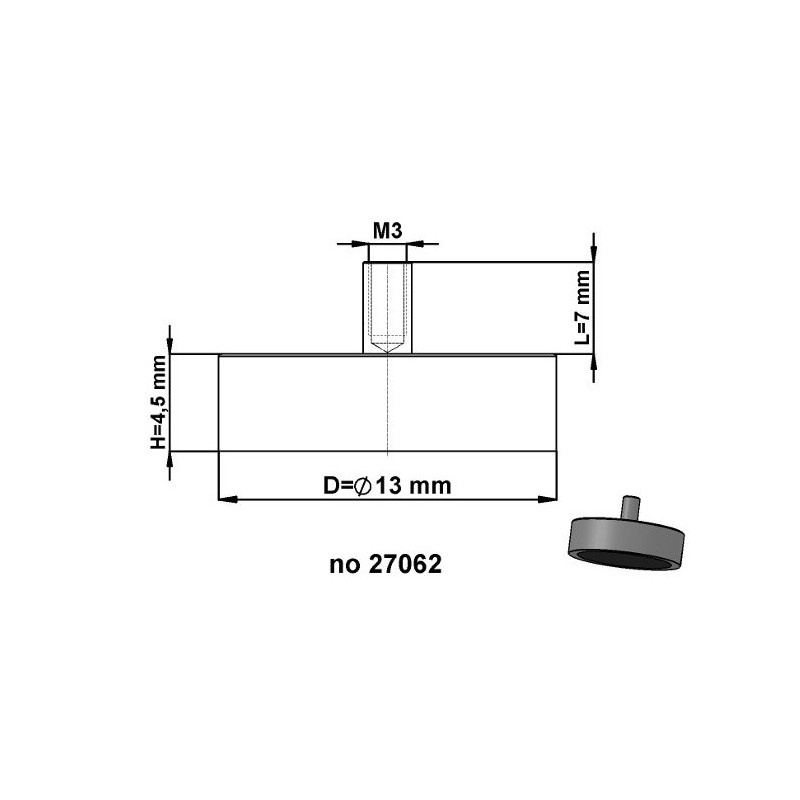 Magnet oală cu coadă, diam. 13 x înălțime 4,5 mm cu filet interior M3, înălțime filet 7 mm