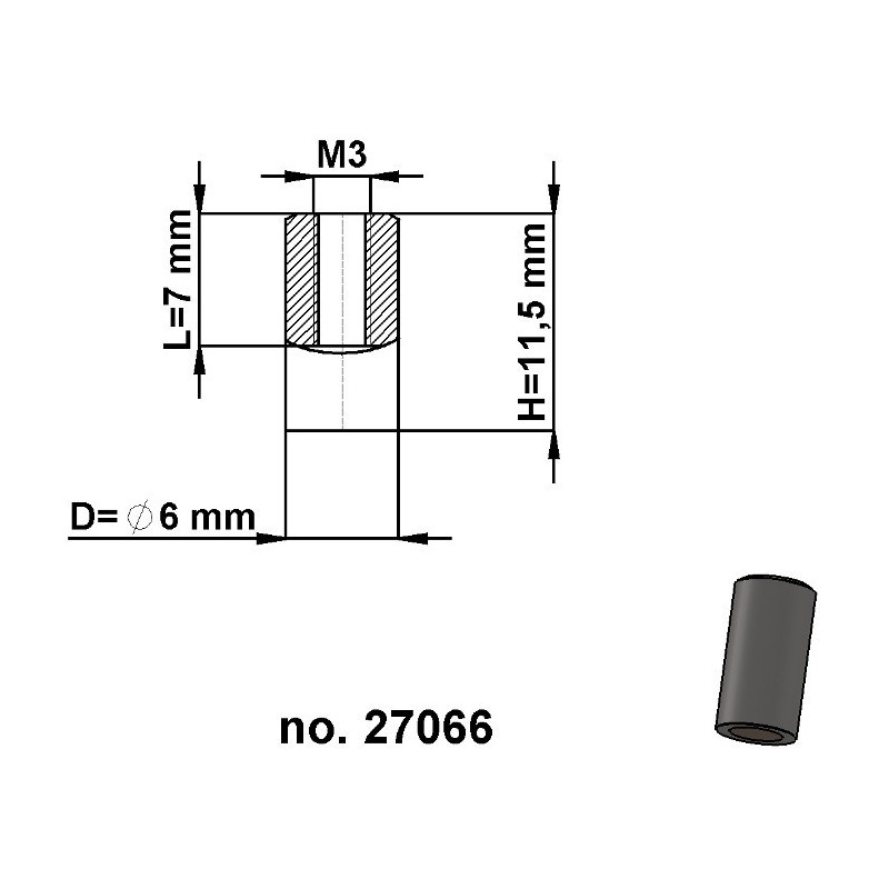 Magnet oală cilindru diam. 6 x înălțime 11,5 mm cu filet interior M3, înălțime filet 7 mm