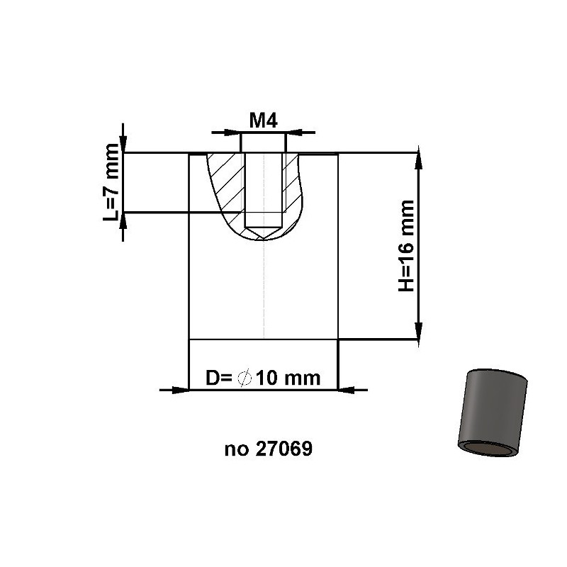 Magnet oală cilindru diam. 10 x înălțime 16 mm cu filet interior M4. lungime filet 7 mm
