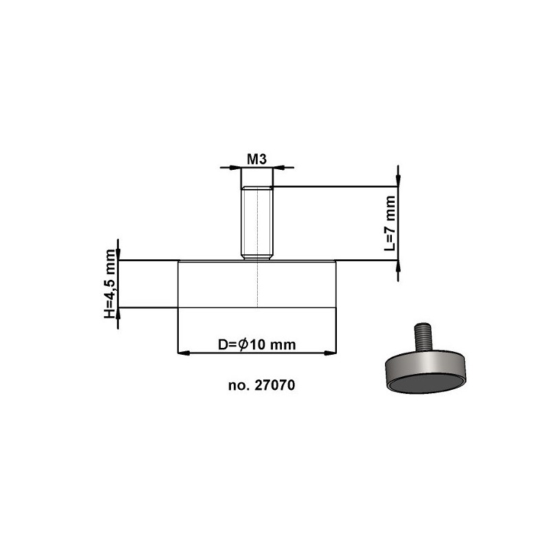Magnet oală cu coadă, diam. 10 x înălțime 4,5 mm cu filet exterior M3, înălțime filet 7 mm