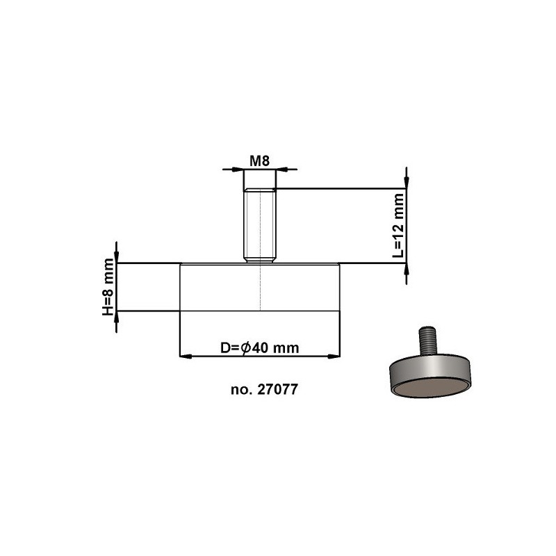 Magnet oală cu coadă, diam. 40 x înălțime 8 mm cu filet exterior M8, înălțime filet 12 mm