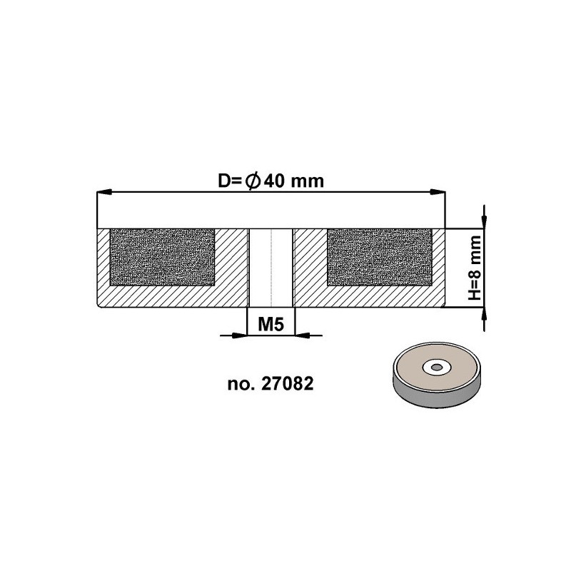 Magnet oală diam. 40 x înălțime 8 mm cu filet interior M5-6H