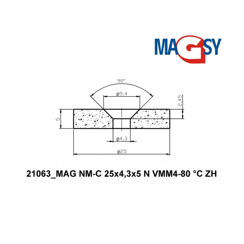 Magnet neodim cilindru cu gaură pentru șurub cu cap înecat diam. 25 x 5 N 80 °C, VMM4-N35