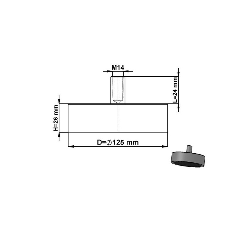 Magnet oală cu coadă, diam. 125 x înălțime 26 mm cu filet interior M14, înălțime filet 24 mm
