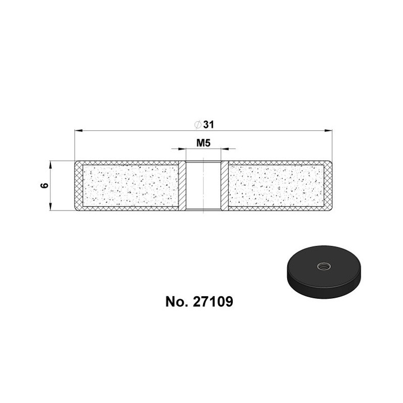 Magnet oală cauciucat diam. 31x6-M5-6H