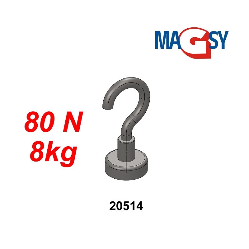Cârlig magnetic argintiu, diametru 16 mm, NdFeB, forță de rupere 8 kg