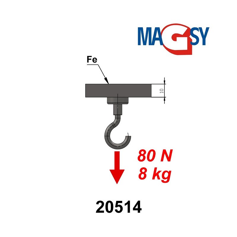 Cârlig magnetic argintiu, diametru 16 mm, NdFeB, forță de rupere 8 kg