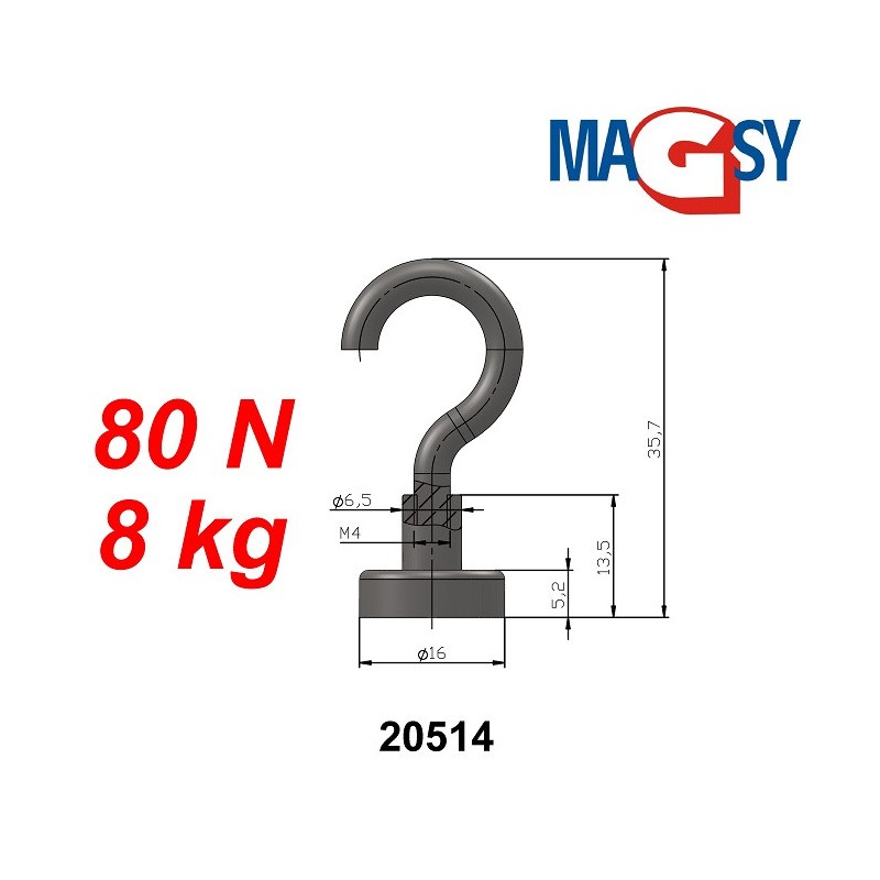 Cârlig magnetic argintiu, diametru 16 mm, NdFeB, forță de rupere 8 kg