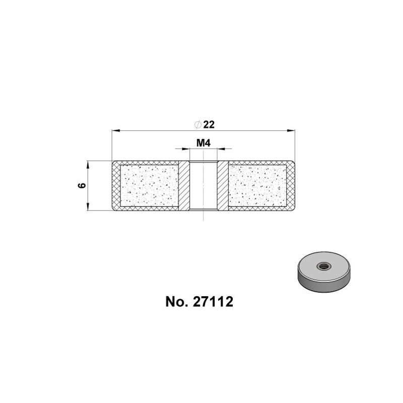 Magnet oală cauciucat diam. 22x6-M4-6H - alb