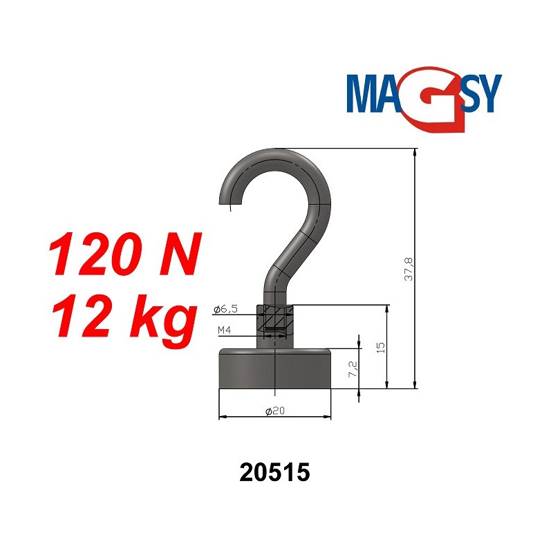 Cârlig magnetic argintiu, diametru 20 mm, NdFeB, forță de rupere 12 kg